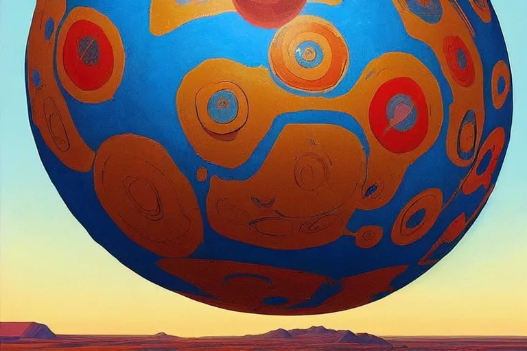 Prompt: a giant ((((metallic)))) floating sphere covered in canadian colorful aboriginal patterns!! hovering above a Yukon lake, (painted by Ralph McQuarrie), matte painting, very detailed, 1500K, concept art