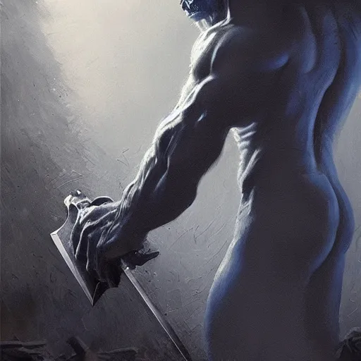 Image similar to artstation concept a midnight blue hulk jolding a meat cleaver, dusty, hyperdetailed, artstation trending, world renowned artists, worth 1 0 0 0. com, historic artworks society, antique renewel, cgsociety, by greg rutkowski, by gustave dore, deviantart