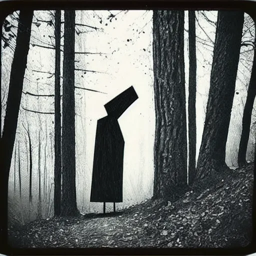 Image similar to polaroid picture of The Babadook standing in the woods, creepy, dark scary