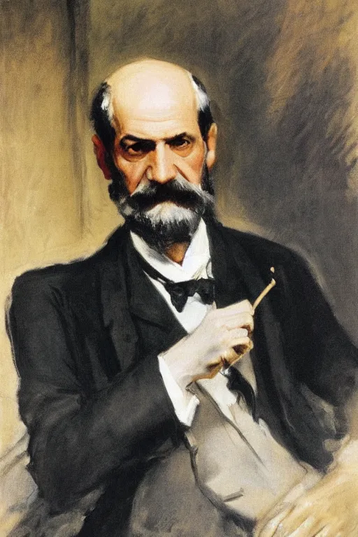 Image similar to portrait of sigmund freud, holding cigar, by john singer sargent, detailed, impressive, freudian