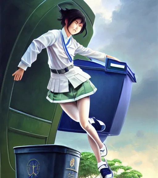 Image similar to portrait of an Italian Japanese teen female schoolgirl with short hair wearing a navy and white sepuku uniform and jumping outside a green trashbin in Kalakaua avenue in Waikiki, intricate, elegant, highly detailed, centered, digital painting, artstation, concept art, smooth, sharp focus, illustration, by Peter Mohrbacher, WLOP