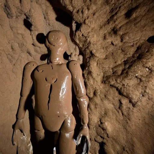 Prompt: found footage of a humanoid made of wet clay and mud forming out of a wall inside of a cave made of wet clay, creepy, flash photography, unsettling, moist, low quality, dark environment, cavern, spelunking