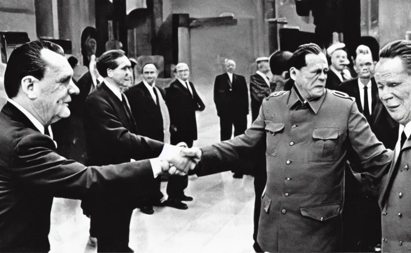 Prompt: 60s movie still of Josip Broz Tito shaking hand with Mao at a soviet's congress, by Irving Penn , kodakchrome, heavy grainy picture, very detailed, high quality, 4k, HD criterion, precise texture