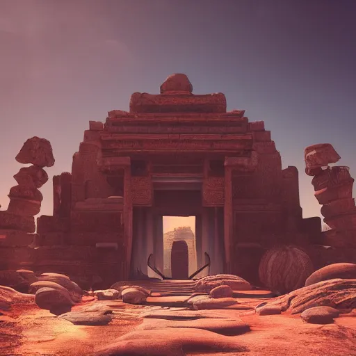 Image similar to high - res photograph of a ancient temple surreal martian in temple dramatic lighting, epic, octane render, volumetric light, unreal engine, artbreeder, 4 k, background, scene