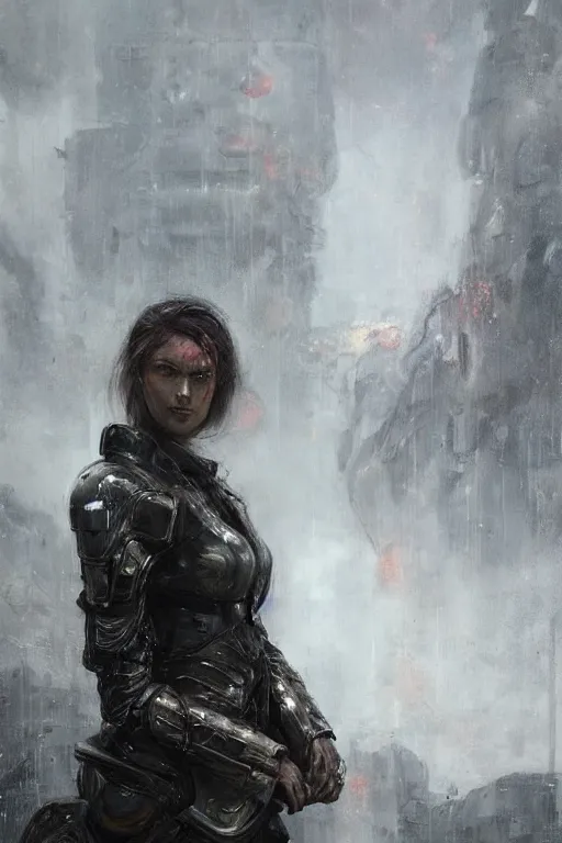 Prompt: a portrait of a woman in a post apocalyptic ruins rainstorm in futuristic armour by eve ventrue