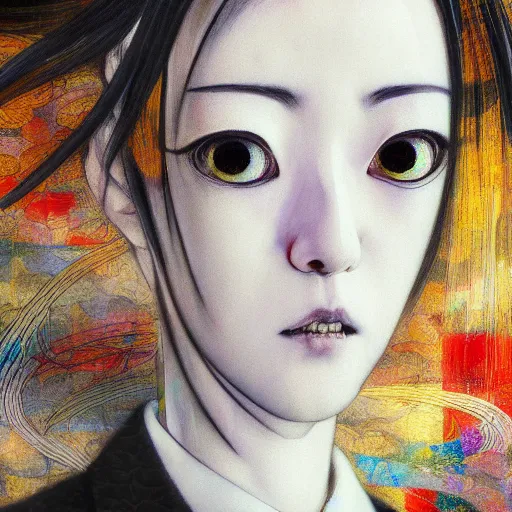 Image similar to yoshitaka amano blurred and dreamy realistic three quarter angle portrait of a woman with white hair and black eyes wearing dress suit with tie, junji ito abstract patterns in the background, satoshi kon anime, noisy film grain effect, highly detailed, renaissance oil painting, weird portrait angle, blurred lost edges