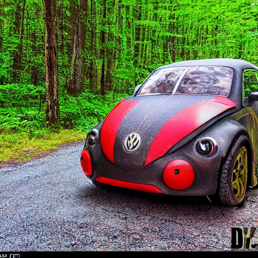 Prompt: promotional scifi - blockbuster movie scene of a ladybug volkswagen hybrid, flying down a dusty backroad in smokey mountains tennessee. the hybrid is 2 / 3 ladybug. cinematic, muted dramtic color, 4 k, imax, 7 0 mm, hdr