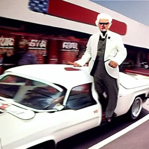 Image similar to colonel sanders in a high - speed car chase