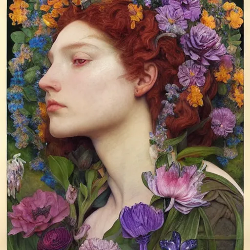 Prompt: queen of flowers, by annie swynnerton and charlie bowater and tino rodriguez and nicholas roerich and jean delville and evelyn de morgan and lucien freud, dramatic lighting, floral tattoos, rich colors, smooth sharp focus, extremely detailed, donato giancola, adolf wolfli