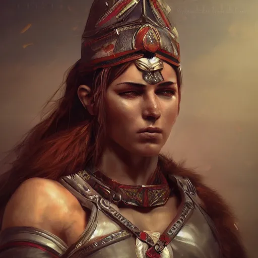 Image similar to proud muscular female turkish warrior, portrait by Cedric Peyravernay, highly detailed, excellent composition, cinematic concept art, dramatic lighting, trending on ArtStation