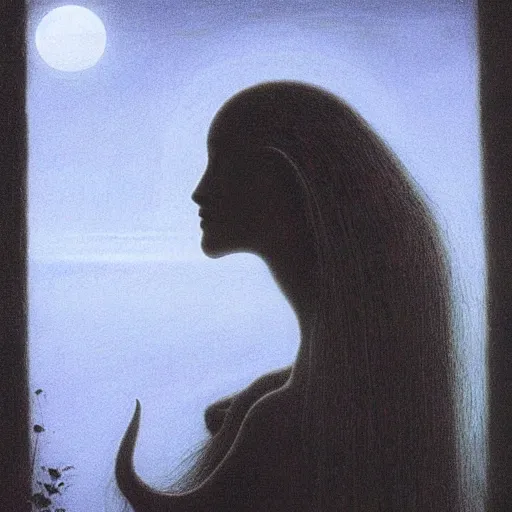 Image similar to majestic pale vampire princess with very long black hairs at moon night, by Beksinski