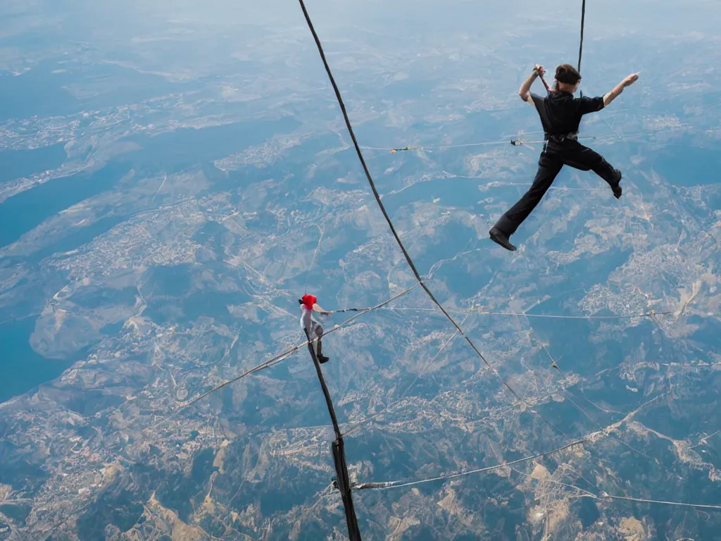 Prompt: A tightrope walker in the middle of walking a small thin line attached to the wings of two planes in the sky, realism, wide-angle, photography, epic, 4k