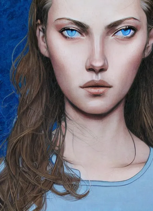 Image similar to a close up on the face of a beautiful woman in a future space suit; highly detailed; pretty blue eyes; pupils; artwork by james jean and Phil noto