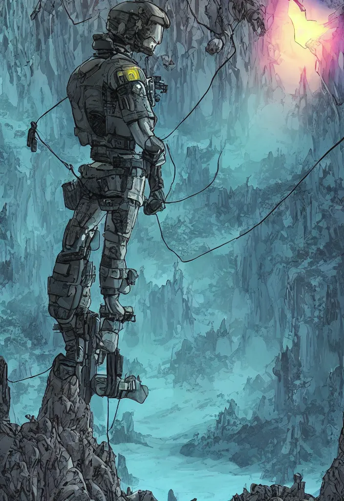 Image similar to A comic book cover of an android soldier with back to the camera, in a forest made of crystal and gemstone, looking across a vast chasm and old rope bridge. On the mountain facing him is a temple made of shards of crystal with a tower glowing in the fog