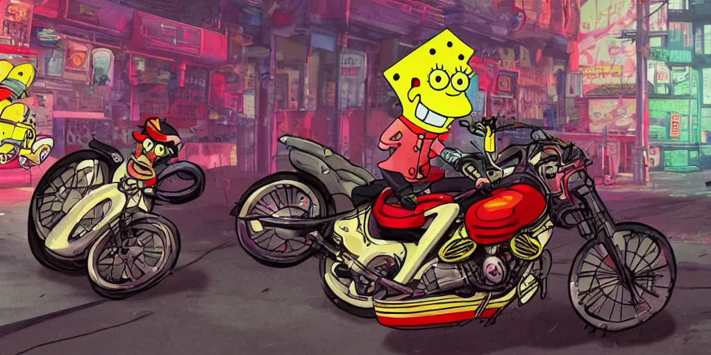 Image similar to sponge bob akira, riding a motorcycle on the neonpunk street.