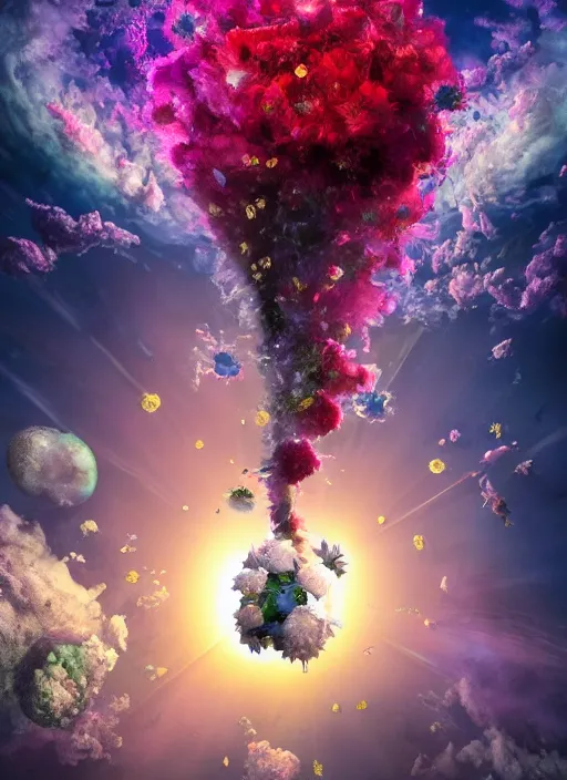 Image similar to An epic fantastic realism comic book style painting of the most beautiful flowers launched into space, bouquets, everything being pulled into a black hole, floral meteor, fisheye, unreal 5, DAZ, hyperrealistic, octane render, dynamic lighting