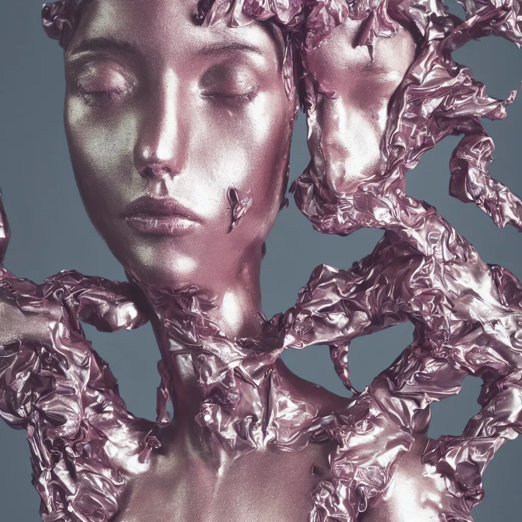 Prompt: flume_and former_cover_art_future bass girl unwrapped_statue_bust _curlsof _hair_petite_lush_body_photography_model, metal droplet, fungi gills_futuristic metal material style of Jonathan Zawada Thisset full colours