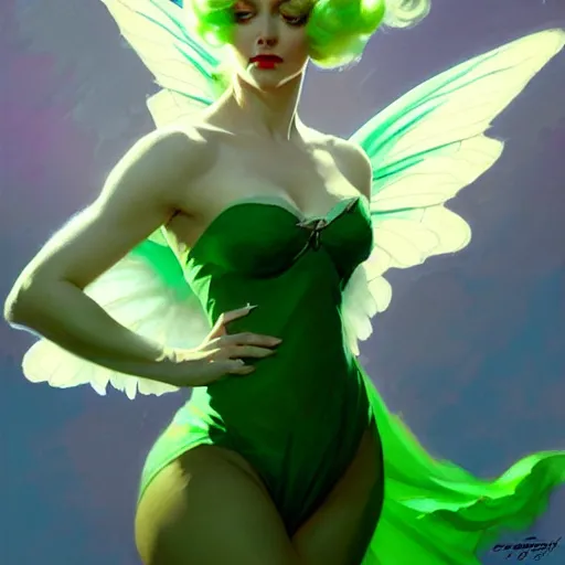 Prompt: greg manchess painting of fairy god mother, green and white hair, long wings, sorceress wand, soft lighting, trending on artstation, by huang guangjian and gil elvgren and sachin teng