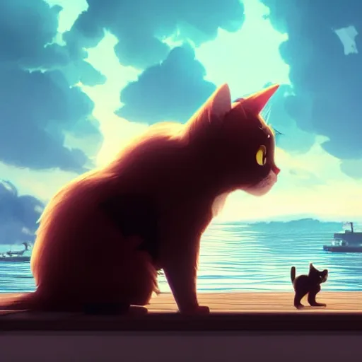 Image similar to a wholesome animation key shot of a cat on a boat close to the shore in the night, medium shot, studio ghibli, pixar and disney animation, sharp, rendered in unreal engine 5, anime key art by greg rutkowski, bloom, dramatic lighting