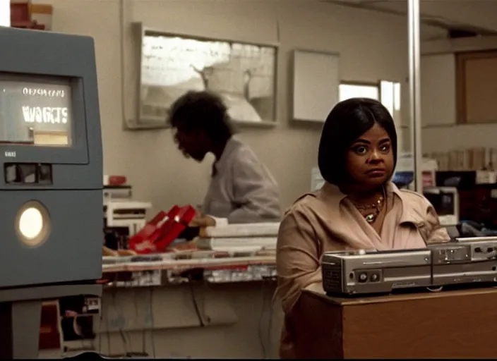 Image similar to cinematic shot of octavia spencer in an small used electronics store next to an old electronic keyboard, iconic scene from the paranoid thriller sci fi film directed by stanley kubrick, anamorphic cinematography, beautiful composition, color theory, leading lines, photorealistic, moody volumetric lighting