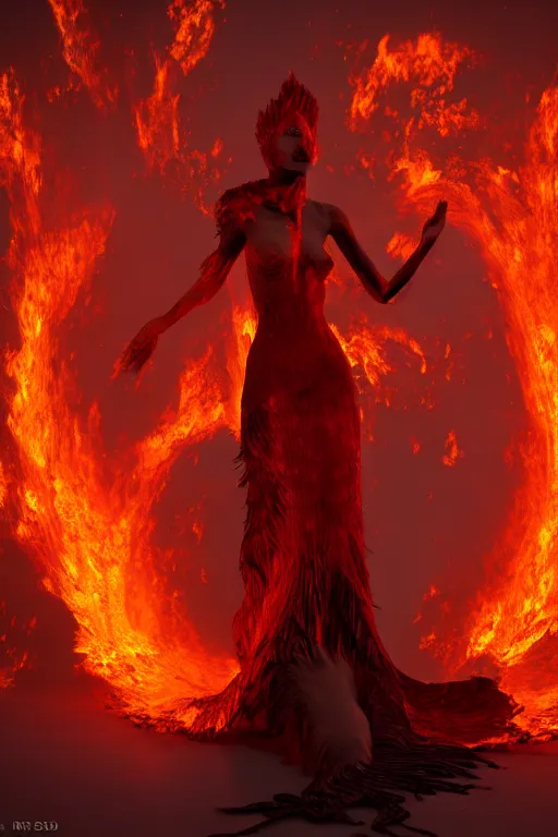 Image similar to 3 d digital render of a eldritch volcanic fire goddess clothed in a flaming gown, volcanic embers, magma, diffused lighting, hyperrealism, fantasy character art by laura zalenga and alexander holllow fedosav, 8 k dop dof hdr