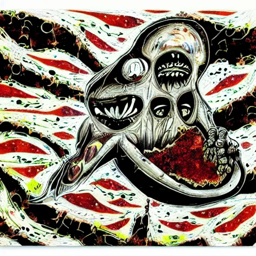 Image similar to dark extraterrestrial shore steak papaya, by jackson pollock and esao andrews, tiki, an ink drawing