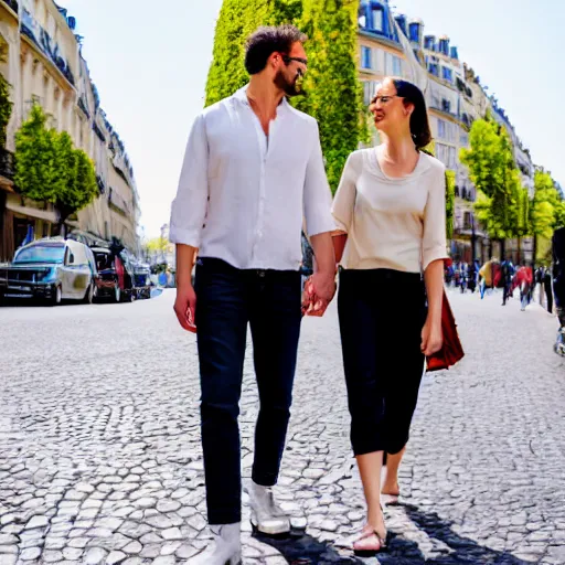 Prompt: fashionable couple walking down a street in paris, warm summer day