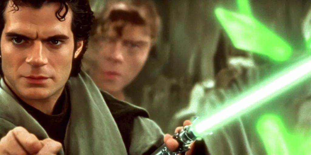 Prompt: a still from a film featuring clean shaven henry cavill as jedi master luke skywalker, holding a green lightsaber by the hilt, 3 5 mm, directed by steven spielberg, 1 9 9 4