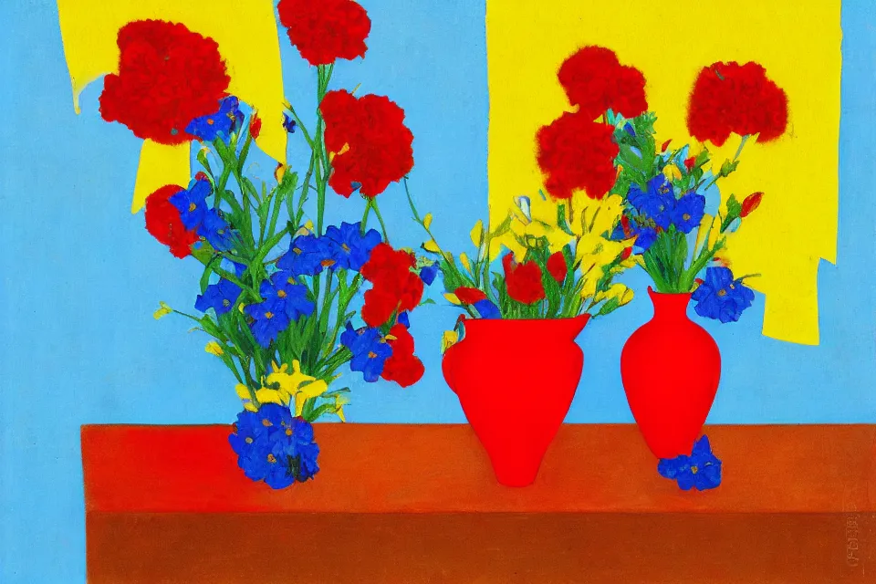 Image similar to red book and yellow vase with blue flowers, photo