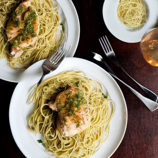 Prompt: photograph of Chicken Piccata with angel hair noodles from Cheesecake Factory, plate on bed in hotel room