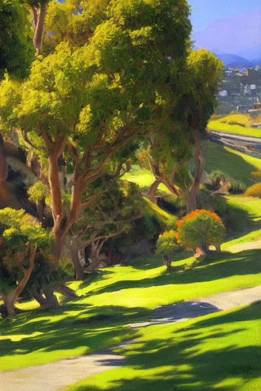 Image similar to San Francisco's green hills during the summertime, very detailed, focused, oil painting, colorful, canvas, artstation, Antoine Pierre Mongin