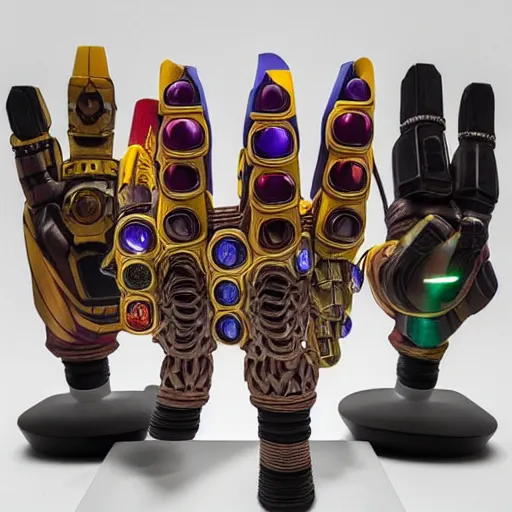 Image similar to infinity gauntlet with 6 infinity stones from marvel superheroes but it is made out of wood, 8k, super detailed, highly detailed, sharp focus, epic lighting, award winning photography, 8kHdR