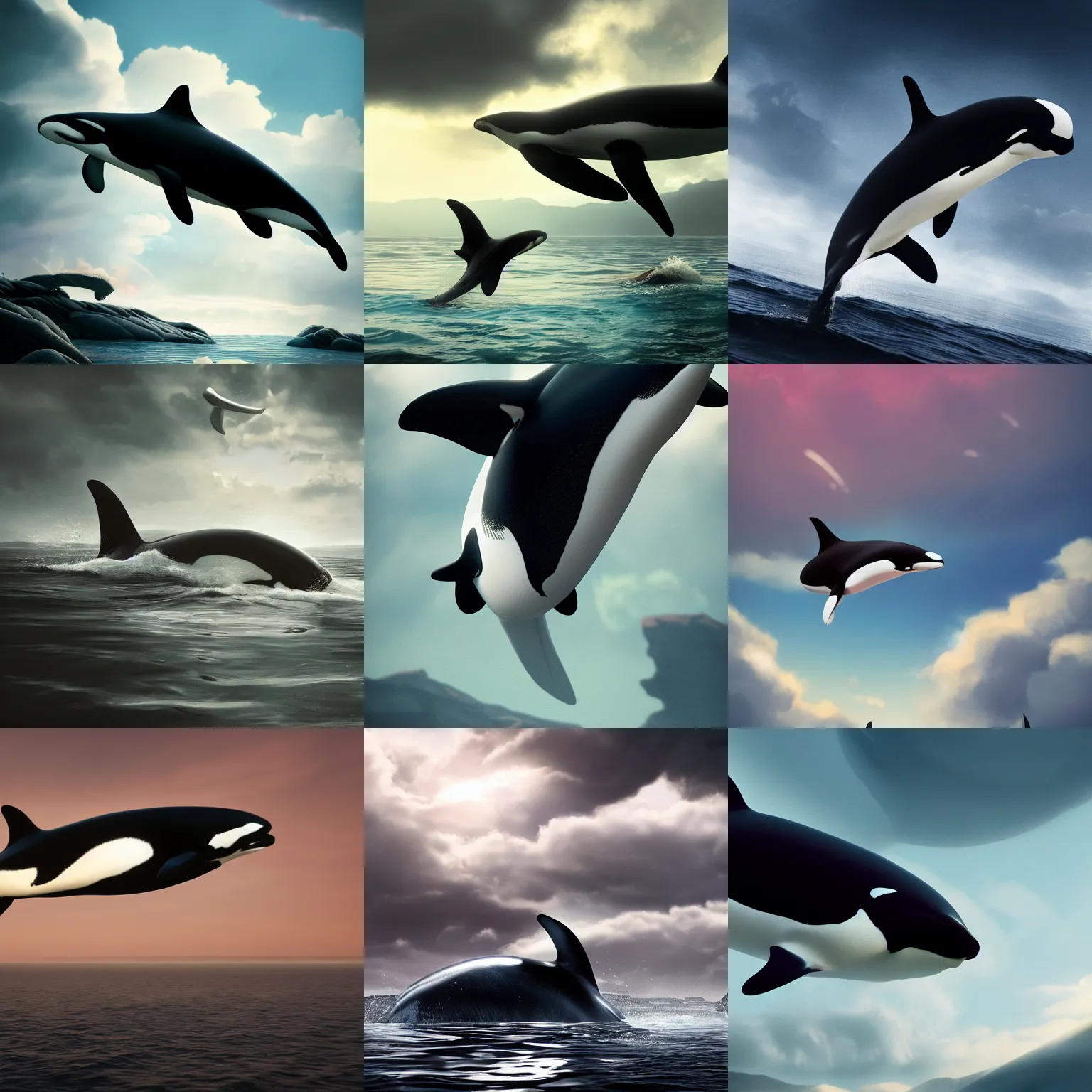 Prompt: orca is floating in mid air, epic, cinematic shot, soft light, soft colore, artstation, atmosphere, high definition, clouds, 8 k photography