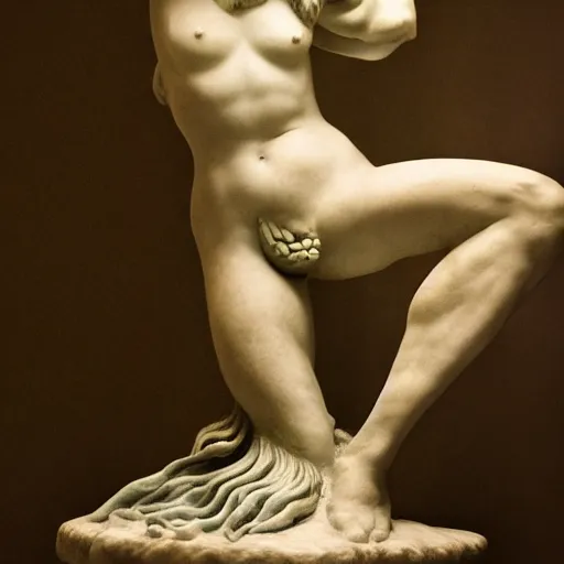 Prompt: photography of an entire mermaid marble sculpture! masterpiece by michelangelo, with long hair, a fish tail with scales, 8 k, high aperture, atmospheric light background, cinematic light, pinterest, artstation