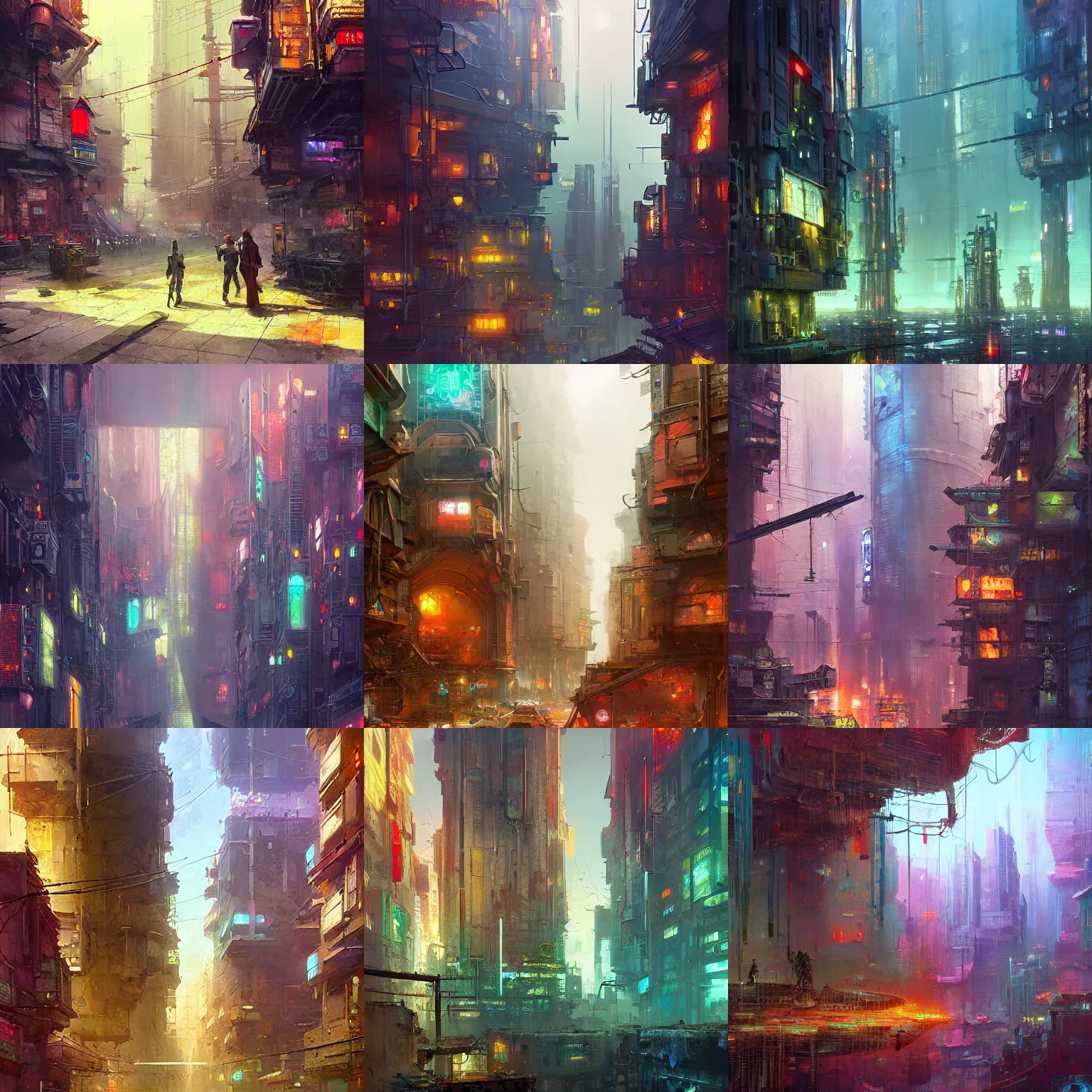 Prompt: A painting by Marc Simonetti of a cyberpunk city of pristine colors and organic architecture