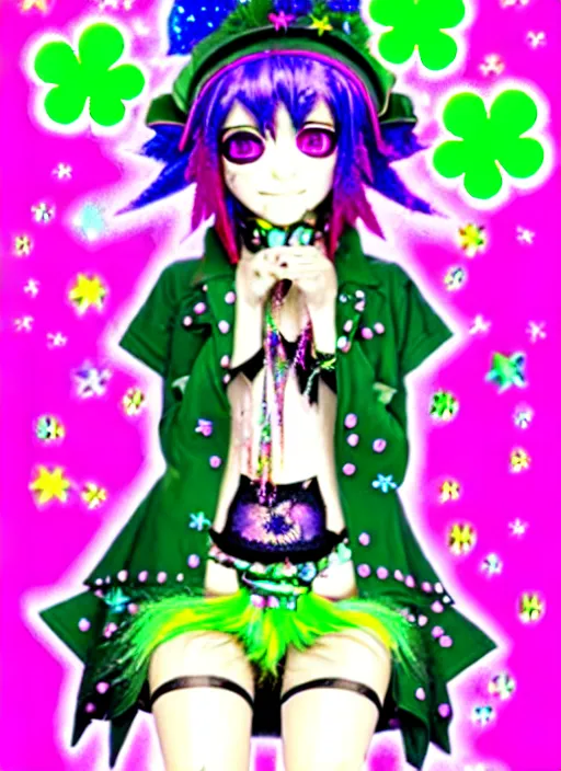 Image similar to a hologram of decora styled green haired yotsuba koiwai wearing a jester hat and gothic spiked jacket, background full of lucky clovers and shinning stars, holography, irridescent, baroque visual kei decora art