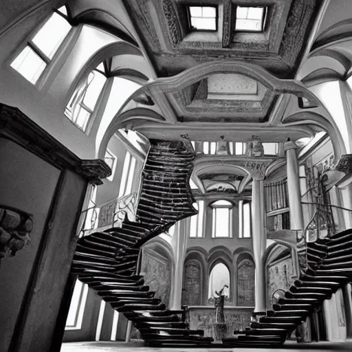 Prompt: a wide angle photo of the interior of a surreal castle with stairs everywhere, m c escher, amazing award winning masterpiece