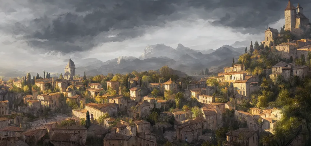 Image similar to lourmarin, landscape, alex ross, eddie mendoza, raphael lacoste, sebastian ludke, concept art, matte painting, highly detailed, rule of thirds, dynamic lighting, cinematic, detailed, magnificiant landscape, denoised, centerd