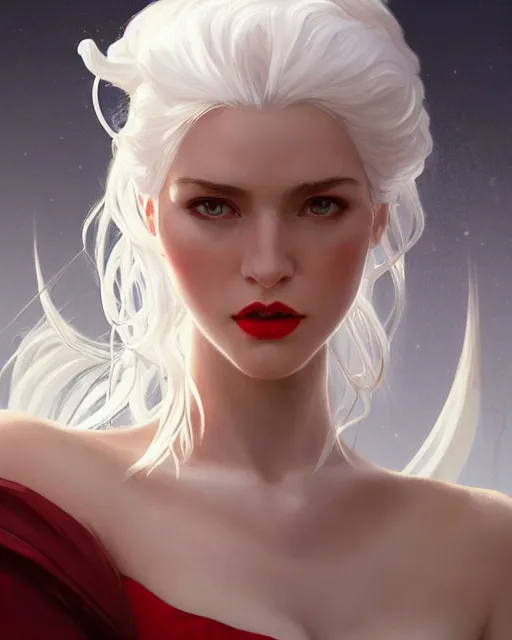 Image similar to tall girl, white hair, white dress, red lips, long hair, deep focus, d & d, fantasy, sophisticated, elegant, high detail, digital painting, artstation, concept art, matte, clear focus, illustration, hearthstone, works by artgerm, greg rutkowski and alphonse mucha