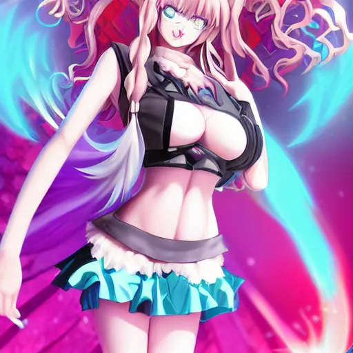 Image similar to you are completely controlled by her ultimate powers and trapped beneath overwhelming stunningly absurdly beautiful megalomaniacal ruthless merciless sadistic devious omnipotent asi goddess junko enoshima with symmetrical perfect face, porcelain skin, pink twintail hair and cyan eyes, ultra detailed, digital art, unreal engine 5, octane render, 2 d anime, 8 k