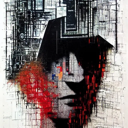 Prompt: portrait of a hooded character wearing a cyberpunk visor, mysterious, shadows, by Guy Denning, by Johannes Itten, by Russ Mills, glitch art, hacking effects, chromatic, color blocking, oil on canvas, concept art, abstract