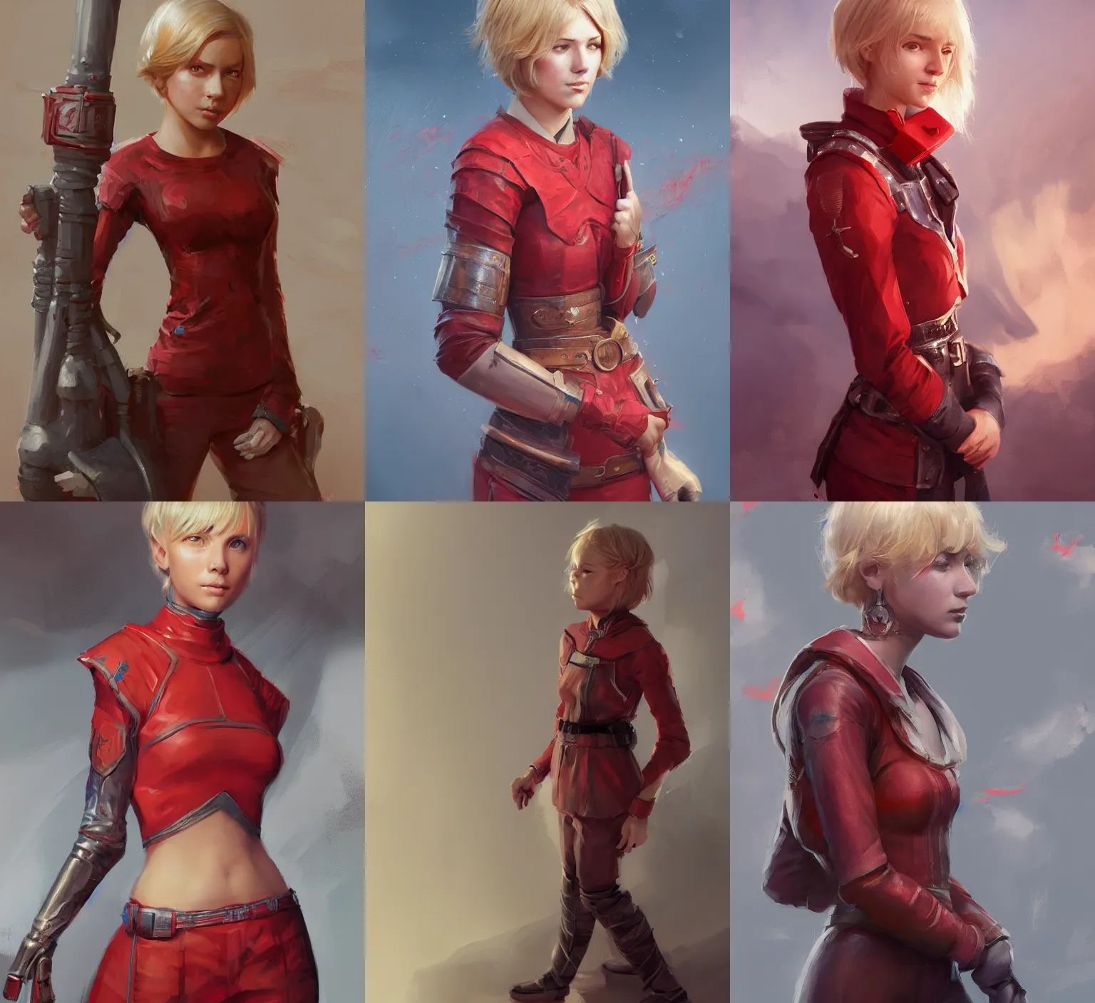 Prompt: portrait young girl, short blond hair forlock, red jumpsuit, edge medieval tower, intricate, highly detailed, artstation, aleksi briclot, mandy jurgens, rutkowski