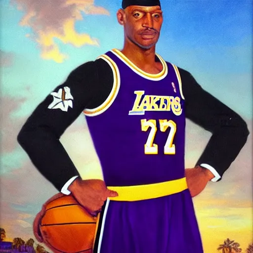 Image similar to official portrait of the los angeles lakers dictator, 1 7 8 0, in full lakers military garb. oil on canvas by william sidney mount, oil on canvas, octane render