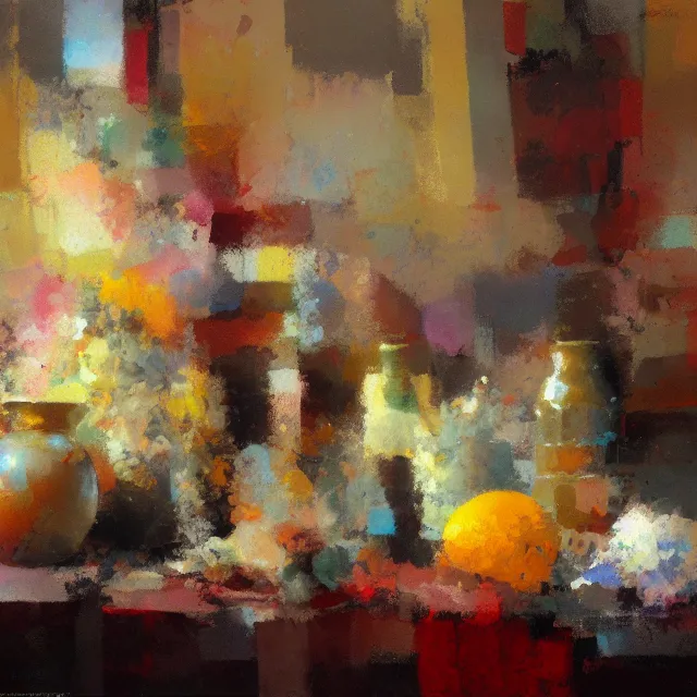 Prompt: an abstract still life painting by Craig Mullins