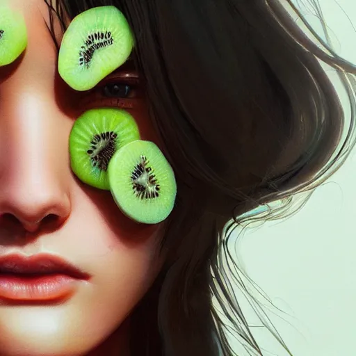 Prompt: close up of female model with kiwifruit slices covering her eyes. 4K award winning photorealistic concept art. smooth, sharp focus, illustration, grunge tech, art by Hirō Isono, by artgerm and greg rutkowski Artgerm 8k