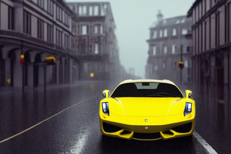 Prompt: a wholesome animation key shot of one focused yellow ferrari, dynamic, on a wet london street, raining, clouwdy atmosphere, wide shot, studio ghibli, pixar and disney animation, sharp, very detailed, high resolution, rendered in unreal engine 5, anime key art by greg rutkowski, overcast lighting, dark