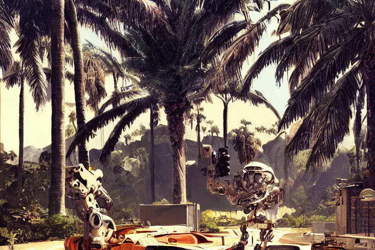 Image similar to natural american landscape | robot repairing another robot | palm trees | snowy mountains, painting by syd mead and weta studio and james jean, frank frazetta, highly detailed, rule of third, soft lighting, 8 k resolution, oil on canvas, architectural magazine, beautiful detailed, insanely intricate details, artstation trending, hypermaximalistic, high details, cinematic