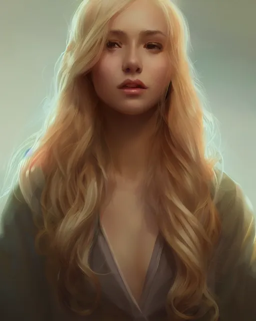 Image similar to portrait of a beautiful girl, flowy blonde hair, cinematic lighting, highly detailed, digital painting, trending on artstation, pixiv, concept art, sharp focus, illustration, art by ross tran and wlop