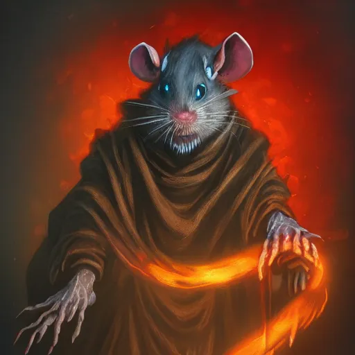 Prompt: painting of a ghostly rat with glowing red eyes, wearing tattered black burlap robes, floating in mist, clutching a blue flame in each hand, anthropomorphic rat, skaven, master splinter, nicodemus, photorealistic, artstation