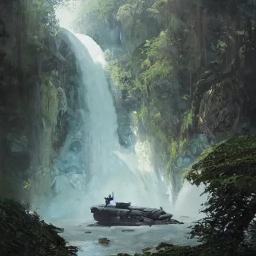 Prompt: Gargantuan stone robot resting under a waterfall inside a forest, oil painting, by Greg Rutkowski